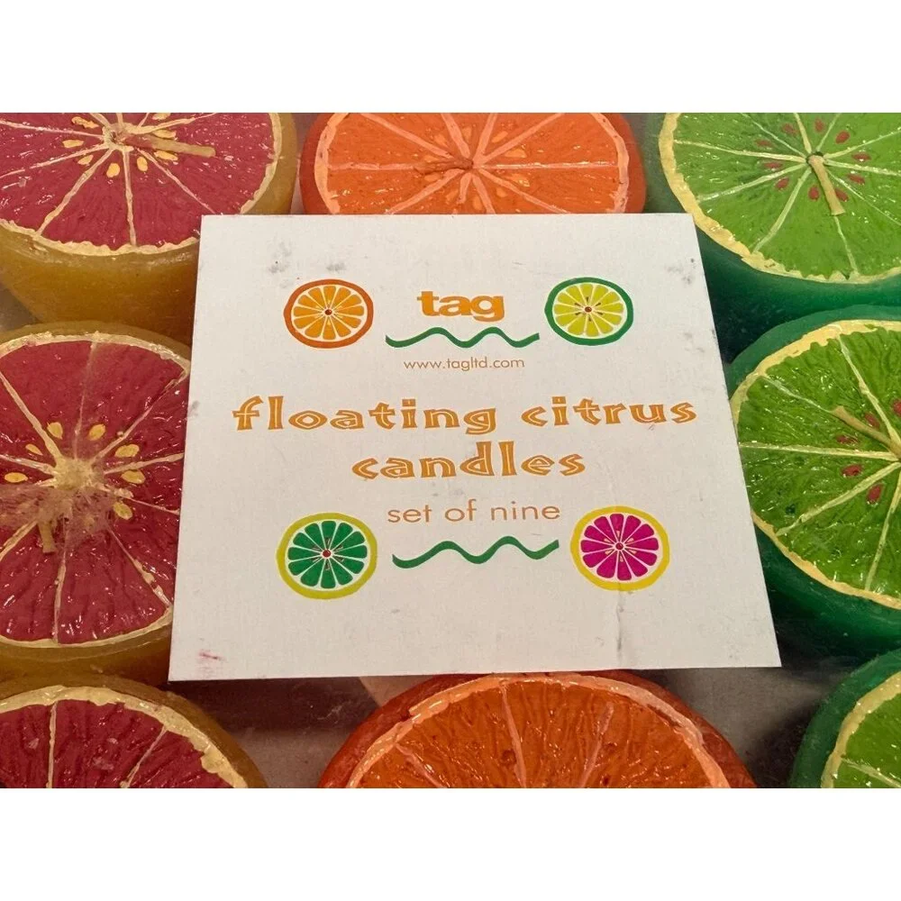 Vintage NIB Tag Floating Citrus Candles Set Of 9 Grapefruit Lime & Orange Fruit - Picture 2 of 8